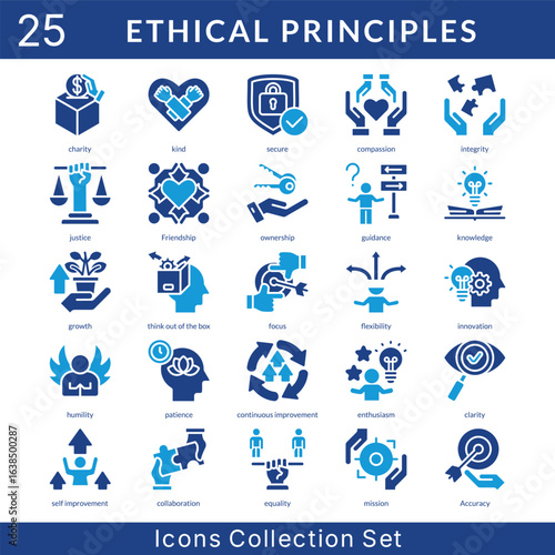 Ethical Principles icon set collection in solid glyph style. an icon pack contain charity, kind, secure, compassion, integrity, justice, friendship, ownership, guidance, knowledge