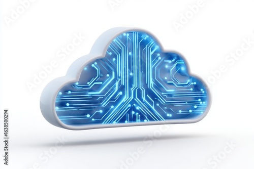 AI-powered cloud icon with blue circuit connections, minimal and modern design for machine learning and technology concepts, 3D illustration, isolated on white background.