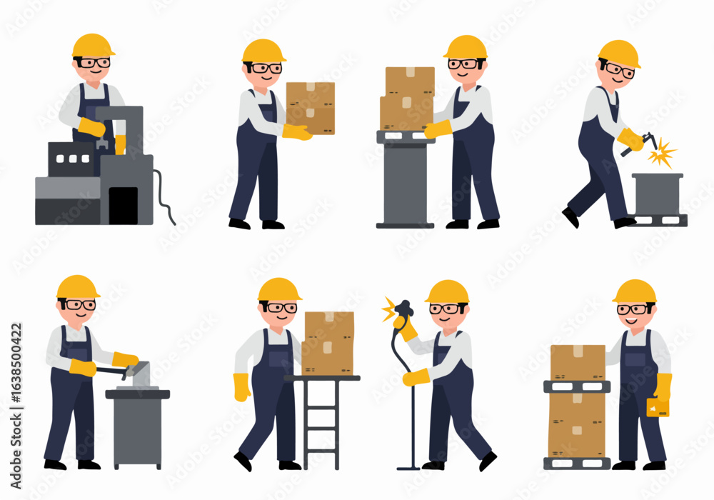 Cartoon Industrial Worker Set: Man in Hard Hat and Overalls Performing Factory, Logistics, Welding, and Production Tasks. Cartoon Industrial Worker Set: Man in Hard Hat and Overalls Performing Factory, Logistics, Welding, and Production Tasks.