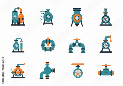 Flat Design Icons of Industrial Equipment: Pumps, Valves, and Process Components for Water, Oil, and Chemical Systems