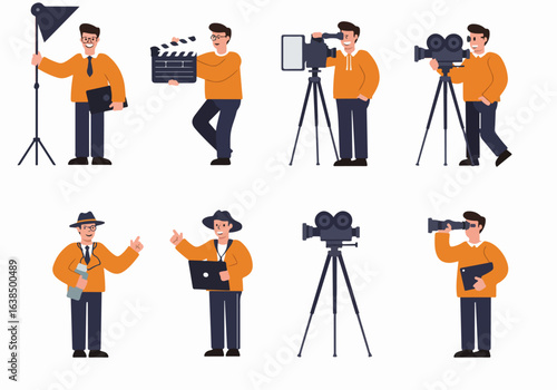 Film and Video Production Professionals and Equipment Collection: A Flat Vector Illustration Set for Creative Industries and Media Content