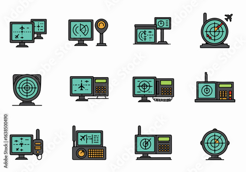 Air Traffic Control and Radar System Icons Set