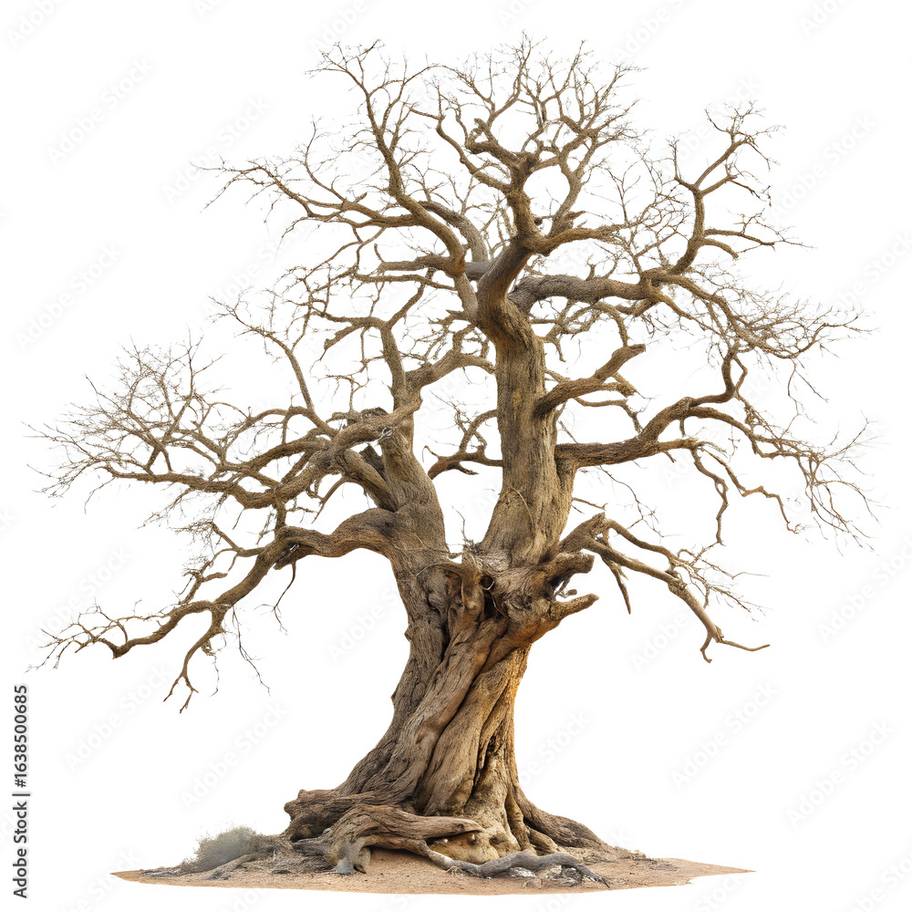 Fototapeta premium Ancient leafless tree against a transparent background a stark detailed image of