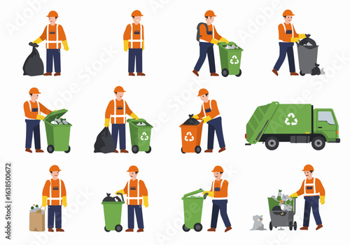 Waste management and recycling: sanitation workers, garbage collectors, and disposal process with trucks and bins illustration set.
