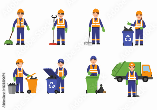 Diverse Cartoon Sanitation Workers and Waste Management Icons Set: Street Cleaners, Garbage Collectors, and Recycling Professionals with Tools and Bins