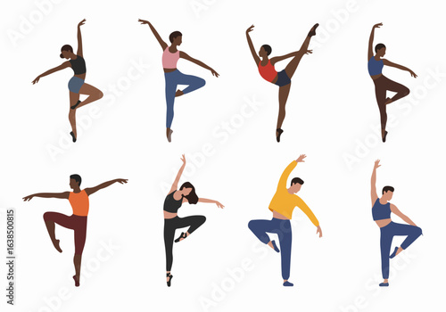 Diverse Group of Flat Illustration Dancers in Various Ballet and Contemporary Poses Isolated on White Background