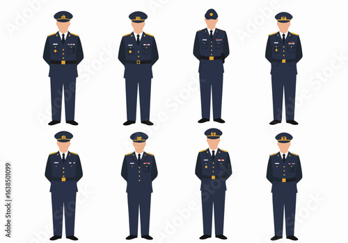 Eight illustrations of generic male figures in dark blue official uniforms with caps and gold details, depicting military or government personnel.
