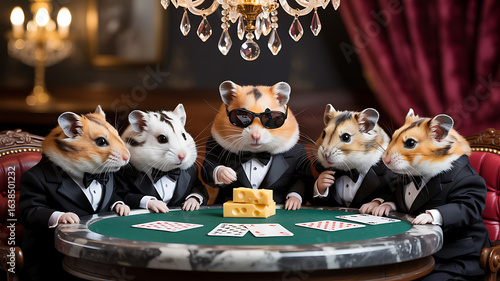 A group of hamsters dressed in tuxedos gathers around a green poker table in an upscale casino, focused on their cards and cheese snacks, creating a whimsical atmosphere.