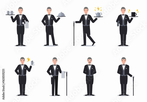 Elegant butler characters in various poses, offering refined service with trays, teapots, and walking sticks, symbolizing hospitality and luxury.