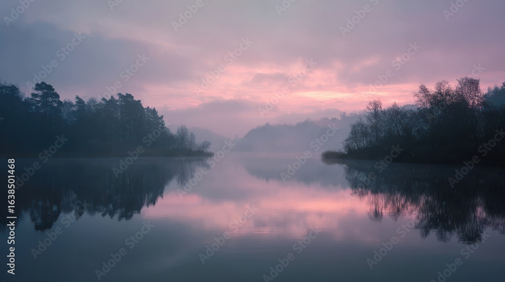 Fototapeta premium Calm lake surface reflecting muted pastel dawn sky.