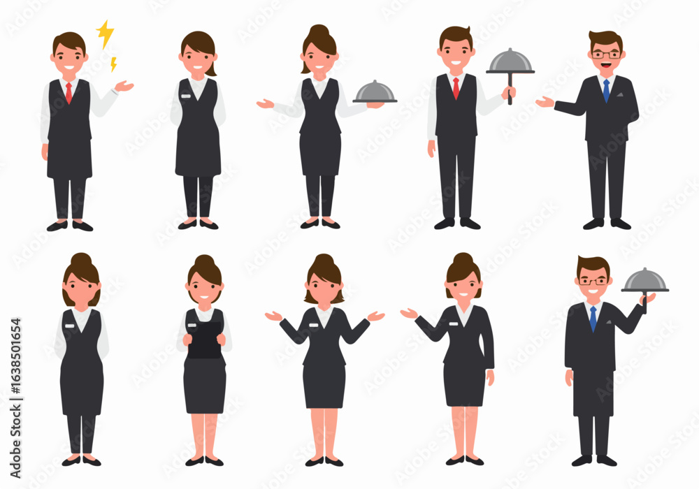 Diverse collection of cartoon service professionals, including waiters, waitresses, and hotel staff, offering friendly and efficient customer service in various poses. Diverse collection of cartoon service professionals, including waiters, waitresses, and hotel staff, offering friendly and efficient customer service in various poses.