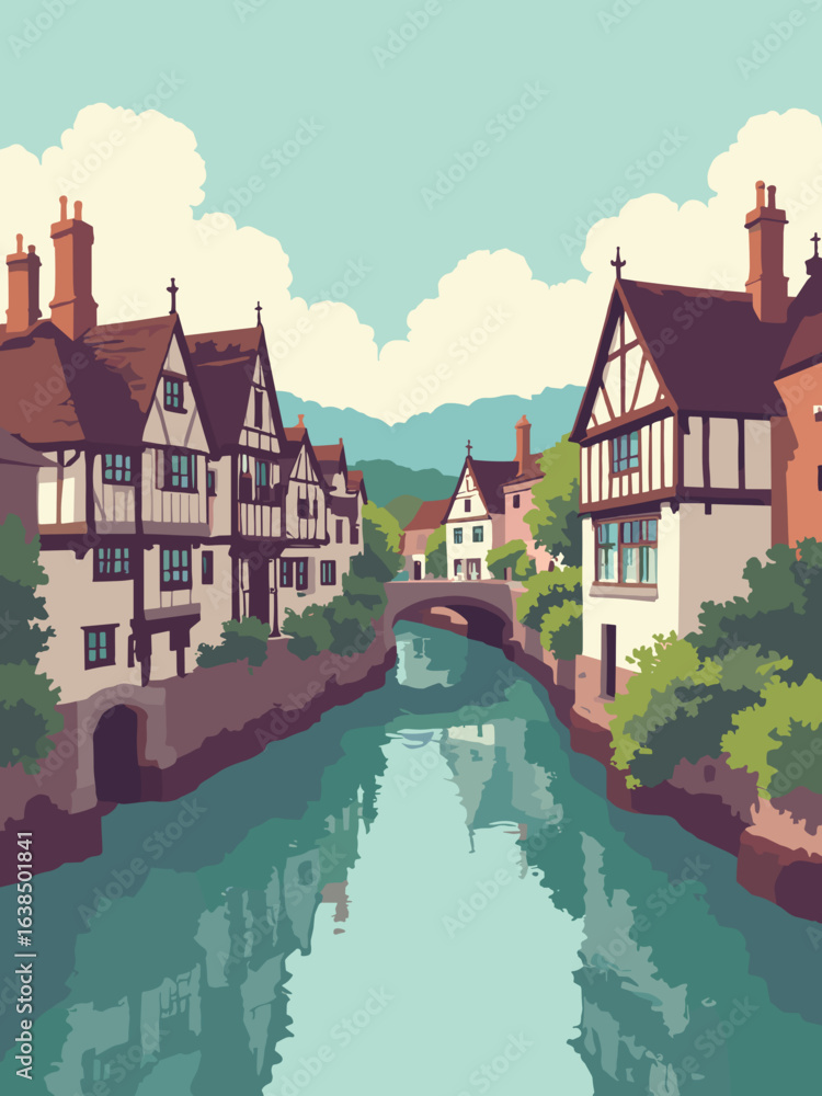 Fototapeta premium Stratford-upon-Avon – River Avon meanders and timbered Tudor facades in timber brown, plaster cream, river green, and rose