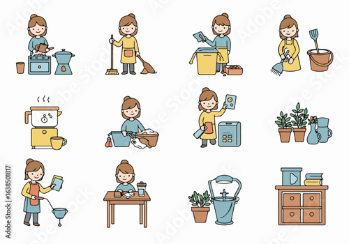 Simple illustrations depicting a woman's happy daily life, including cooking, cleaning, gardening, and peaceful moments at home.