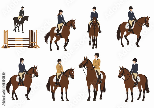 Collection of Equestrian Sport Illustrations: Horse Riders in Various Poses, including Show Jumping and Horseback Riding, in Flat Vector Style on White Background.