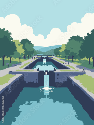 Newry – Newry Canal locks and granite quayside in lock iron, quay stone, slate blue, and hedge green