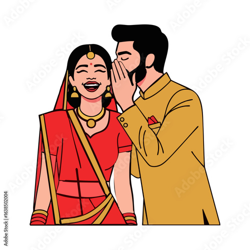 Minimal Hindu Wedding Groom Whispering Bride Laughing Vector Illustration