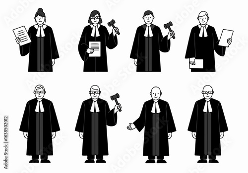 Diverse Judges and Legal Professionals in Robes with Gavels and Documents for Law and Justice Concepts