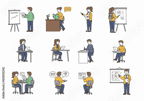 Diverse set of business professionals engaged in various office activities, including presentations, desk work, collaboration, and learning, in a doodle style.