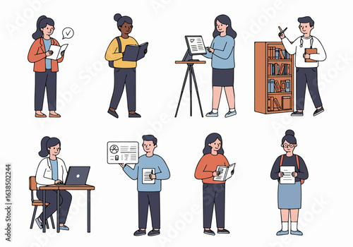Diverse students and professionals studying, learning, and working in various academic and professional settings, highlighting education and knowledge pursuit.