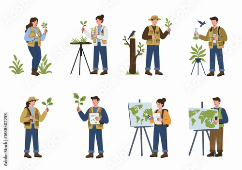 Illustration of Ecologists, Botanists, and Geographers Studying Nature and Global Environments