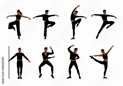 Diverse Group of African American Dancers in Various Dynamic Poses, Isolated on a Clean White Background, Ideal for Movement and Fitness Concepts.