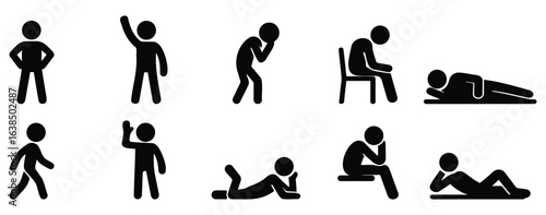 Minimalist stickman silhouettes in various lazy and leisure poses, depicting relaxation, resting, and casual body language