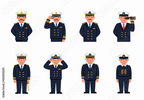 Flat design illustrations of diverse ship captains in uniform with nautical accessories, ready for maritime operations.