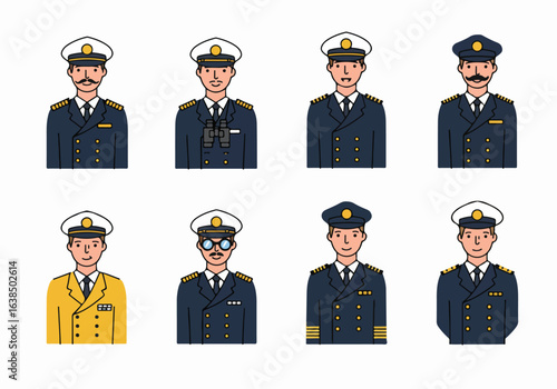 Diverse Flat Design Illustrations of Male Maritime Captains and Naval Officers in Uniforms, Portraying Various Ranks and Appearances.