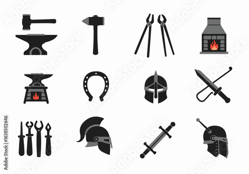 Blacksmith and Medieval Weaponry Icons Set: Flat vector illustrations of forge tools, armor, and swords, depicting ancient craftsmanship and historical combat symbols.