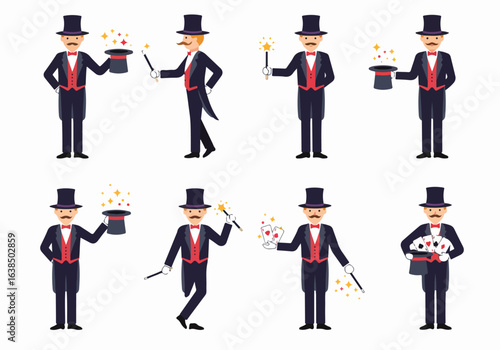 Set of Magician Character Illustrations Performing Tricks with Top Hat, Magic Wand, and Playing Cards