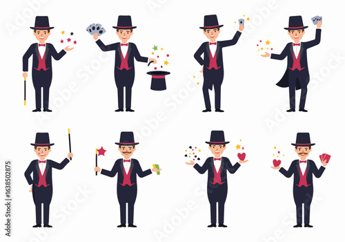 Cheerful Magician Character Performing Tricks with Various Props in Different Poses on White Background