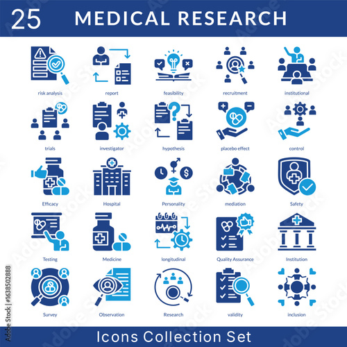 Medical Research icon set collection in solid glyph style. an icon pack contain report, feasibility, recruitment, institutional, trials, investigator, hypothesis, placebo effect, control, efficacy