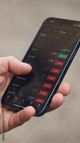 Person holding smartphone with financial app interface while scrolling screen using one finger. Monitoring crypto market or analyzing trades. Browsing charts and checking investment possibilities.