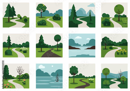 Collection of diverse minimalist landscape illustrations featuring winding paths, trees, and natural scenes for serene backgrounds.