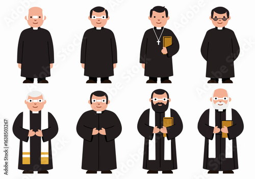 Set of various cartoon Christian clergy illustrations, including priests, pastors, and ministers, in different styles and ages, on a white background.