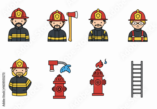 Collection of Firefighter and Fire Safety Icons: Diverse Firefighters, Hydrants, Axe, Hose, and Ladder for Emergency Services and Protection Graphics