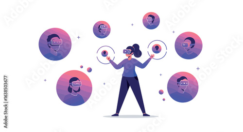 Immersive virtual reality connection concept with gradient people and tech circles