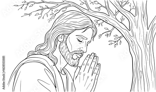 Jesus praying under a tree in a black and white illustration  
