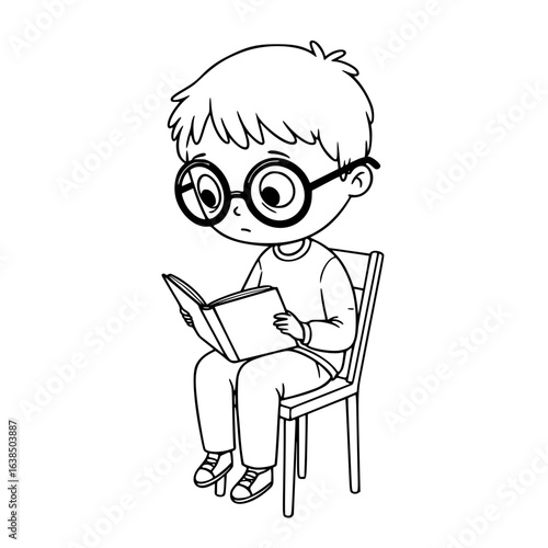 Young boy reading a book while sitting on a chair indoors in a black and white sketch 