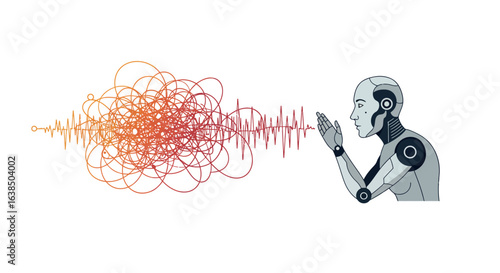 Ai contemplation: robot engaging with chaotic sound waves in modern technology concept
