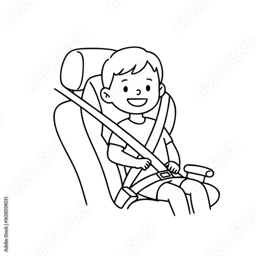 Happy child fastening seatbelt in a car seat while smiling, simple vector linear illustration, black and white  
