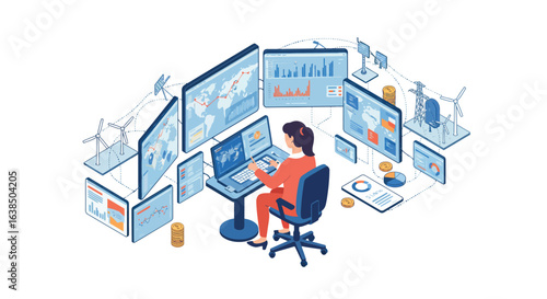 Energy management isometric design with data analysis and renewable energy sources