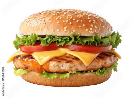 Delicious double patty cheeseburger with fresh lettuce and tomatoes isolated on transparent background