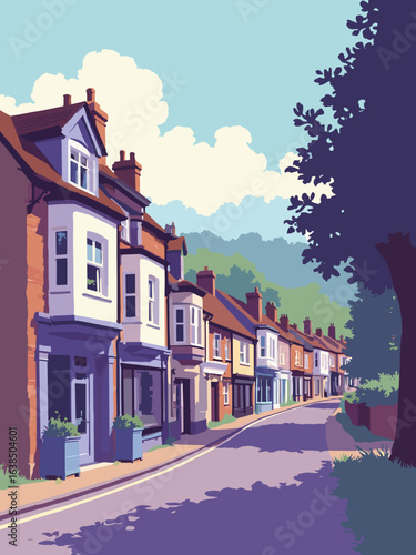 East Grinstead – High Street timber fronts and Ashdown Forest edge in timber brown, plaster cream, heath purple, and sky blue