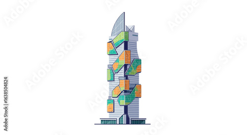 Futuristic skyscraper design with colorful geometric facade panels