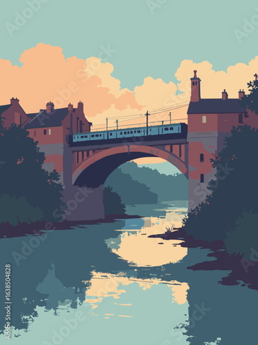 Felling – River Tyne embankment and railway viaduct at dusk, palette: brick red, river teal, slate gray, lamp amber