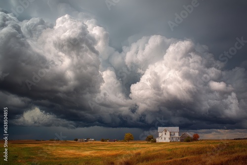 Dramatic layered storm clouds building over rolling farmland.