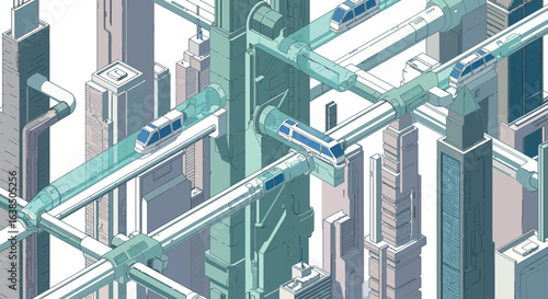 Futuristic cityscape with isometric tube transportation system