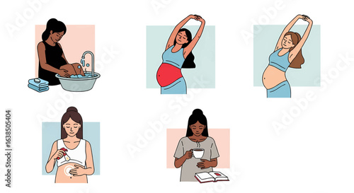 Collection of diverse pregnant women practicing self-care, stretching, and relaxation for a healthy pregnancy lifestyle.