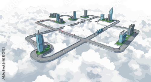 Futuristic cloud cityscape with modern buildings and roads in isometric view